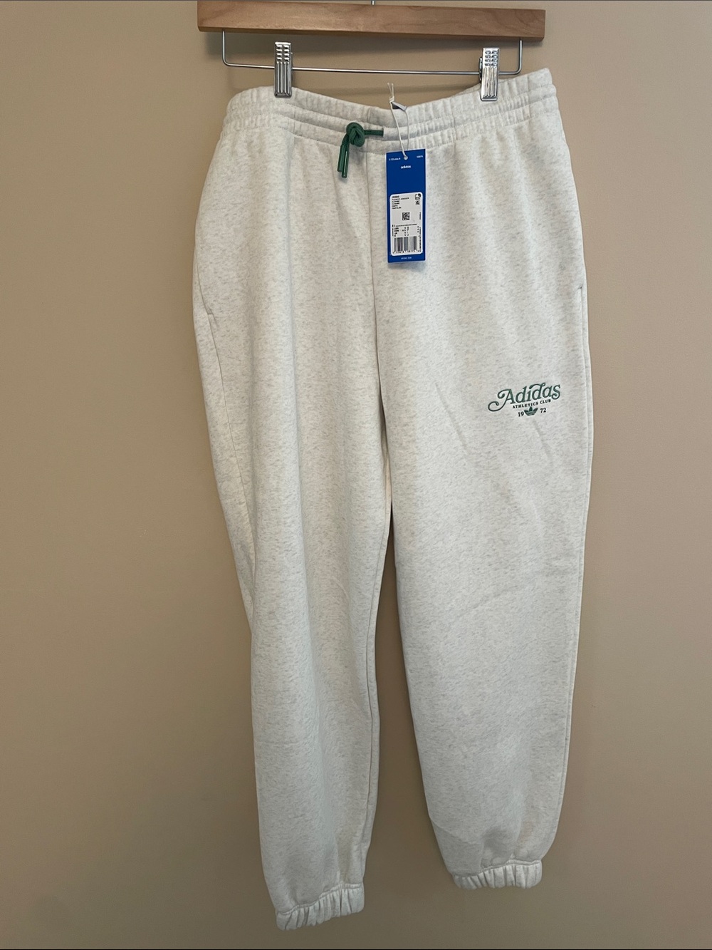 Adidas Cream Joggers with Green Logo and Drawcord. NWT medium.